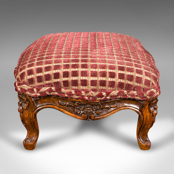 Antique Footstool, English, Walnut, Textile, Bedroom, Lounge Stool, Victorian