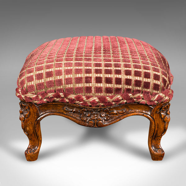 Antique Footstool, English, Walnut, Textile, Bedroom, Lounge Stool, Victorian