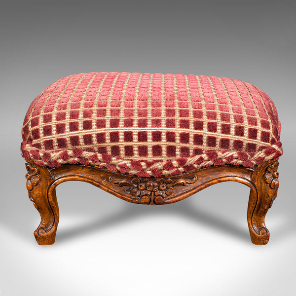 Antique Footstool, English, Walnut, Textile, Bedroom, Lounge Stool, Victorian