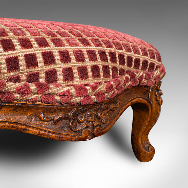 Antique Footstool, English, Walnut, Textile, Bedroom, Lounge Stool, Victorian