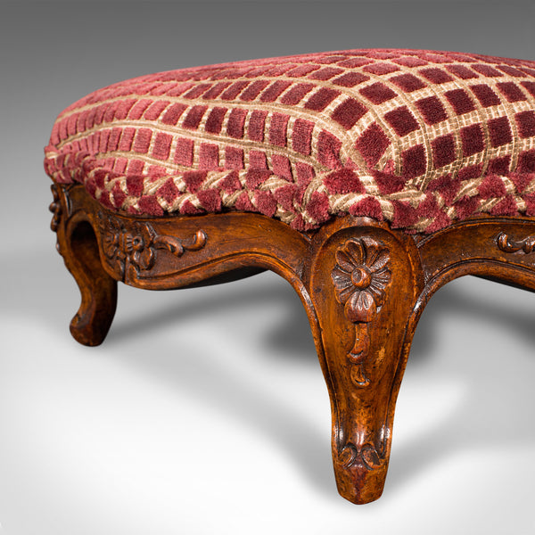 Antique Footstool, English, Walnut, Textile, Bedroom, Lounge Stool, Victorian