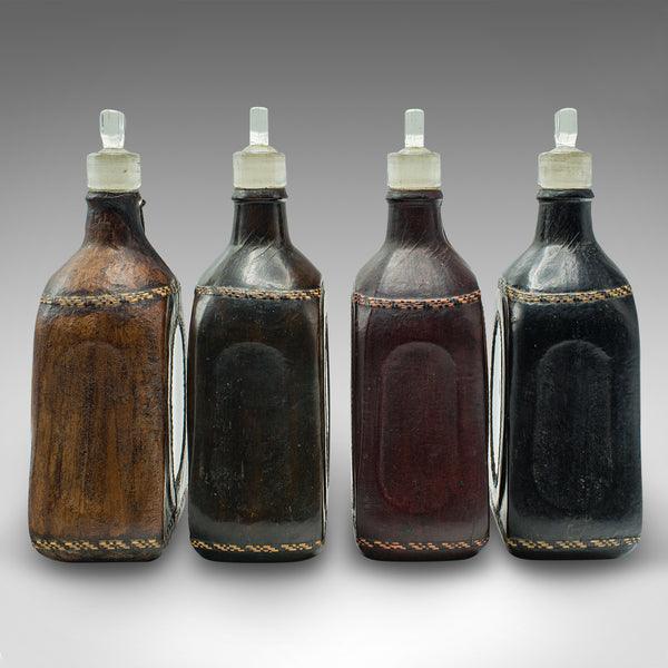 Set Of 4 Antique Spirit Bottles, English, Leather, Glass Decanter, Victorian