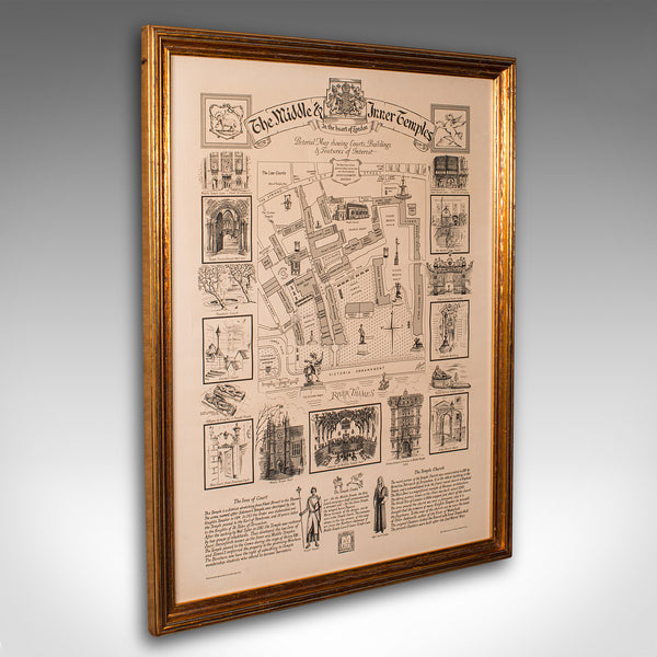 Vintage Barrister's Map of London, English, Framed, Inner, Middle Temple, C.1970