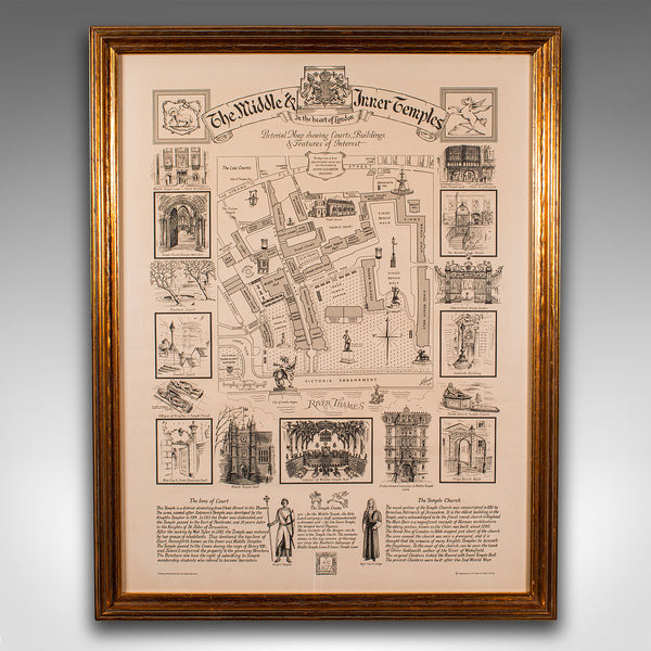 Vintage Barrister's Map of London, English, Framed, Inner, Middle Temple, C.1970