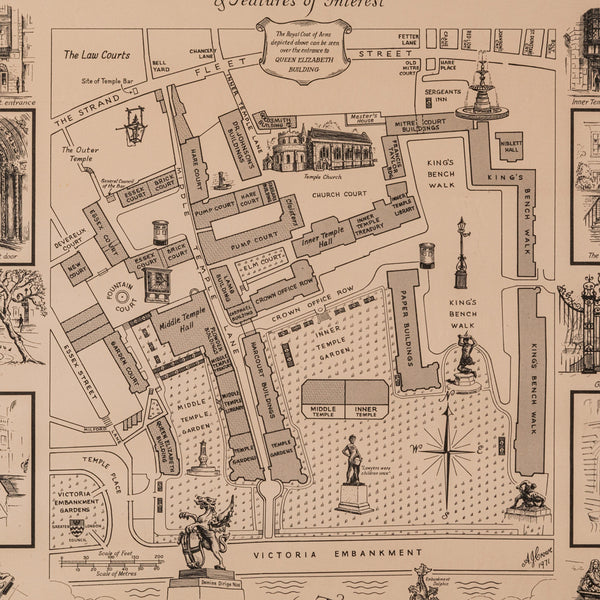 Vintage Barrister's Map of London, English, Framed, Inner, Middle Temple, C.1970