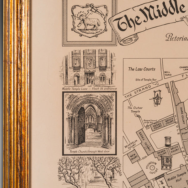 Vintage Barrister's Map of London, English, Framed, Inner, Middle Temple, C.1970