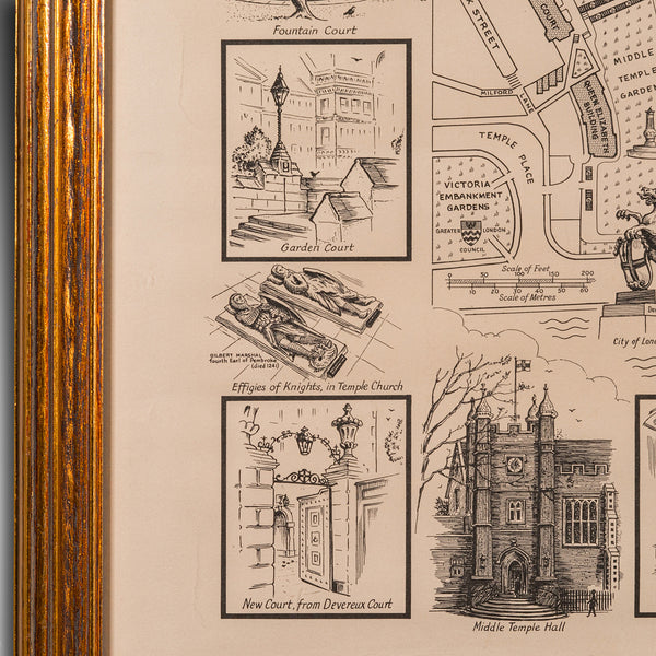 Vintage Barrister's Map of London, English, Framed, Inner, Middle Temple, C.1970