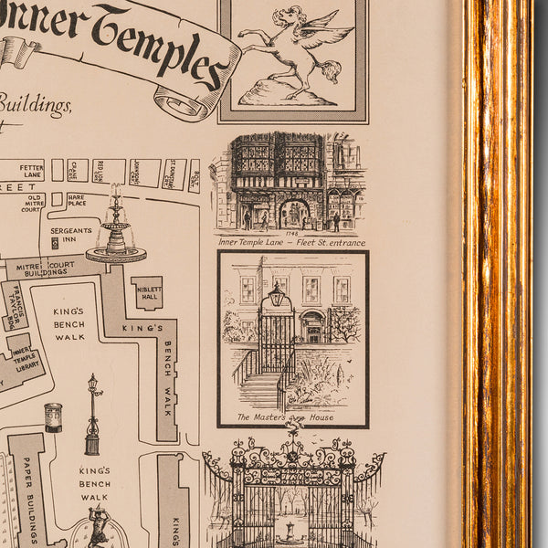 Vintage Barrister's Map of London, English, Framed, Inner, Middle Temple, C.1970