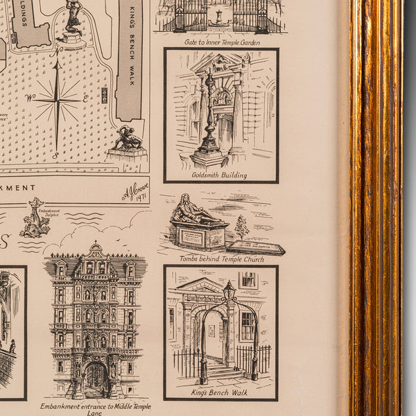 Vintage Barrister's Map of London, English, Framed, Inner, Middle Temple, C.1970