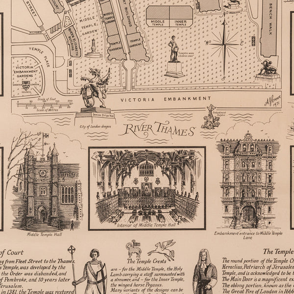 Vintage Barrister's Map of London, English, Framed, Inner, Middle Temple, C.1970