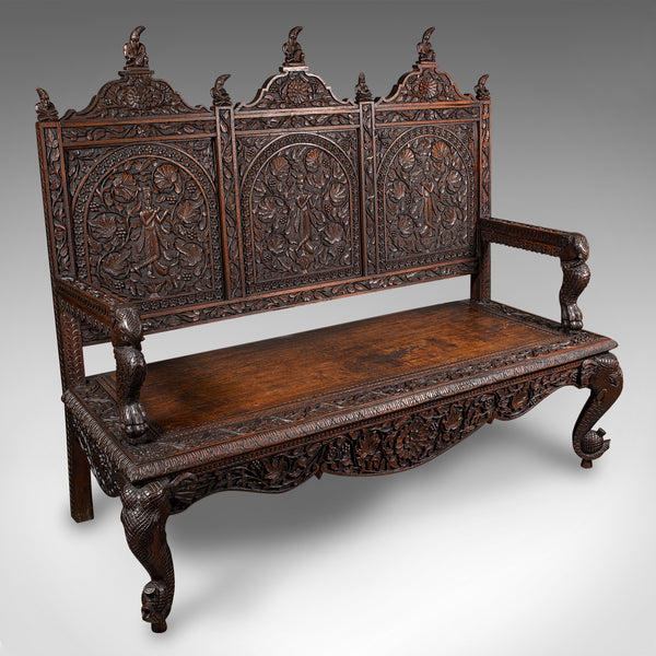 Large Antique Veranda Bench, Ceylon, Teak, 3 Seater, Ornate Seat, Victorian