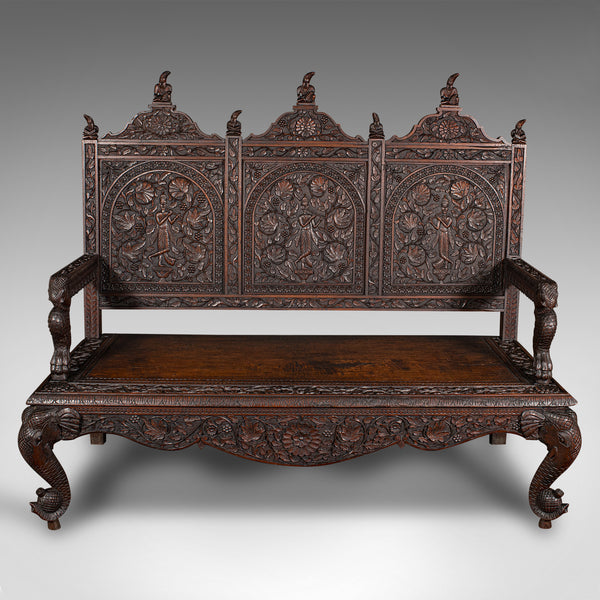 Large Antique Veranda Bench, Ceylon, Teak, 3 Seater, Ornate Seat, Victorian