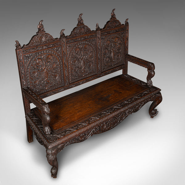 Large Antique Veranda Bench, Ceylon, Teak, 3 Seater, Ornate Seat, Victorian