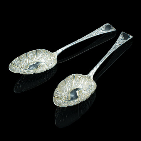 Pair Of Antique Dessert Spoons, English, Silver, Trifle, Hallmarked, Georgian