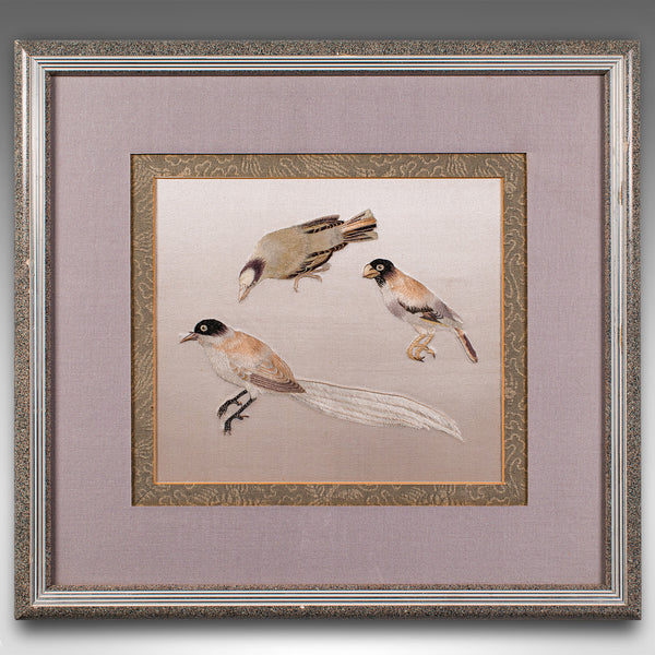 Vintage Bird Wall Panel, Japanese, Silk Cotton, Embroidery, Art Deco, Circa 1930