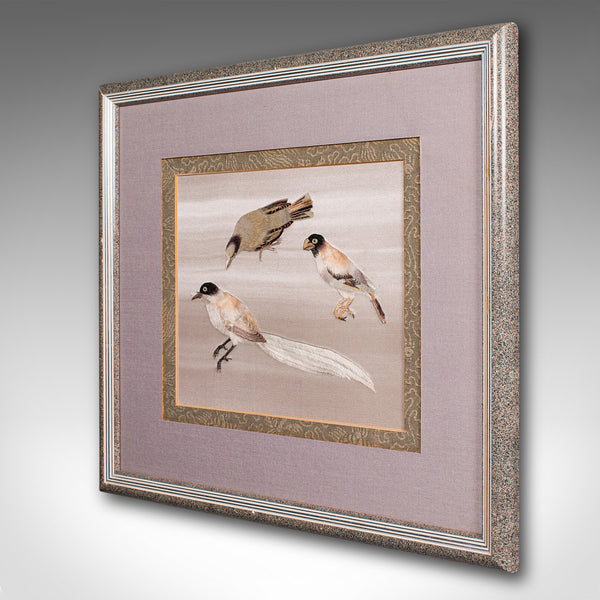 Vintage Bird Wall Panel, Japanese, Silk Cotton, Embroidery, Art Deco, Circa 1930