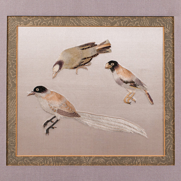 Vintage Bird Wall Panel, Japanese, Silk Cotton, Embroidery, Art Deco, Circa 1930