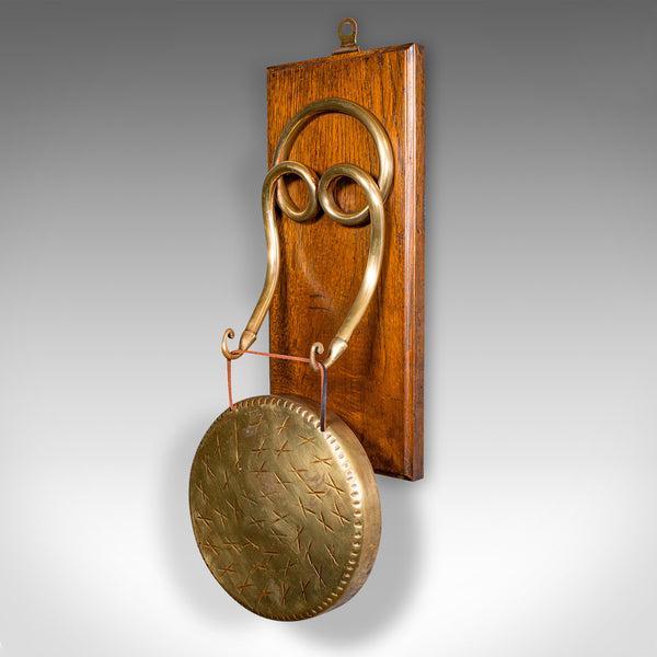 Antique Mounted Gong, English, Oak, Brass, Dinner Chime, Edwardian, Circa 1910