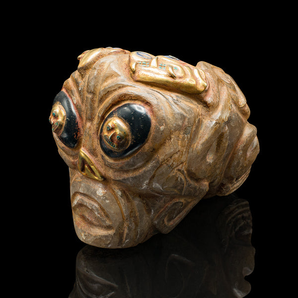 Heavy Vintage Deity Head, South American, Carved Crystal, Gilt Metal, Artefact