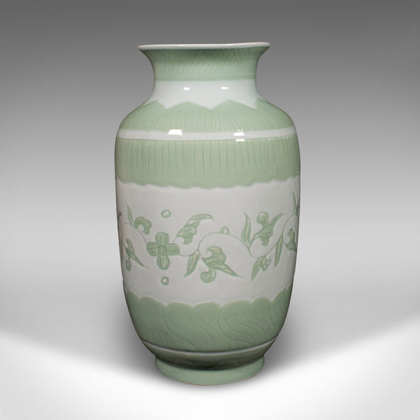 Large Antique Flower Bouquet Vase, Chinese, Celadon Ceramic Urn, Victorian, 1900