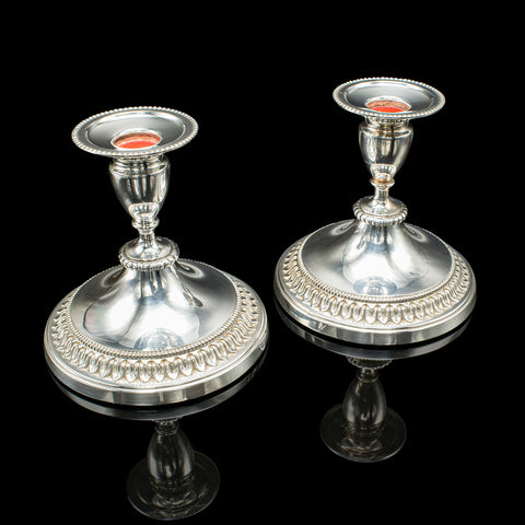 Pair Of Vintage Low Candlesticks, English, Silver Plate, Candle Nozzle, C.1950