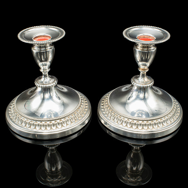 Pair Of Vintage Low Candlesticks, English, Silver Plate, Candle Nozzle, C.1950