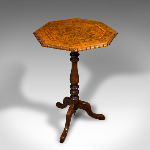 Antique Octagonal Wine Table, English, Burr Walnut, Lamp, Occasional, Victorian