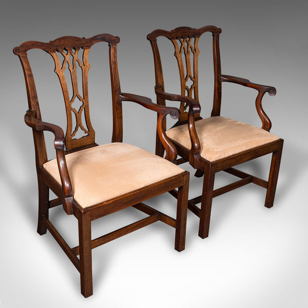 Pair Of Antique Morning Room Elbow Chairs, English, Chippendale Taste, Victorian