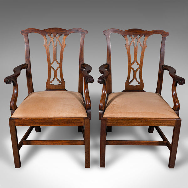 Pair Of Antique Morning Room Elbow Chairs, English, Chippendale Taste, Victorian