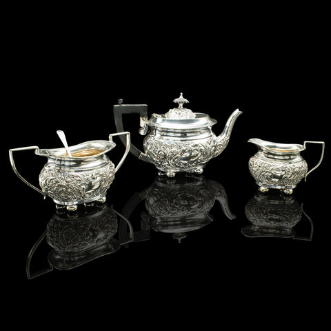 Antique Tea Serving Set, English, Silver Plate, Teapot, Sugar Dish, Edwardian