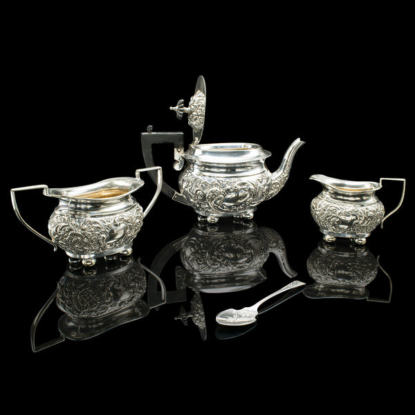 Antique Tea Serving Set, English, Silver Plate, Teapot, Sugar Dish, Edwardian