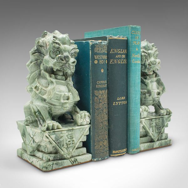 Pair Of Antique Oriental Bookends, Chinese, Jade Marble, Dog of Fo, Victorian