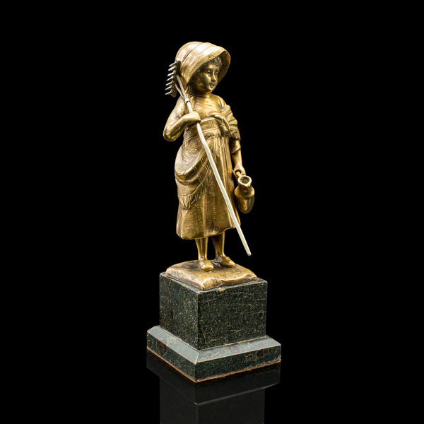 Small Antique Farm Girl Figure, French, Bronze, Statuette, Provincial, C.1920