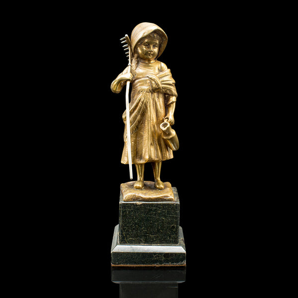 Small Antique Farm Girl Figure, French, Bronze, Statuette, Provincial, C.1920