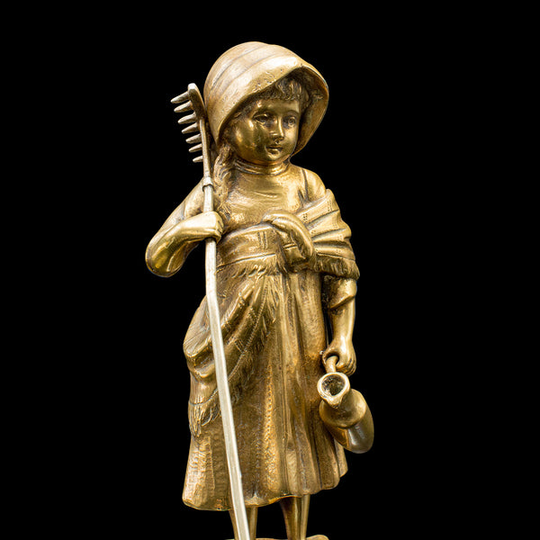 Small Antique Farm Girl Figure, French, Bronze, Statuette, Provincial, C.1920