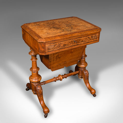 Antique Sewing Table, English, Burr Walnut, Ladies Work Box, Victorian, C.1840