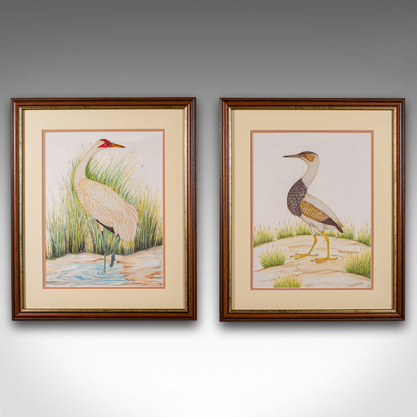 Pair Of Antique Bird Paintings, English, Framed Silk Art, Ornithology, Victorian