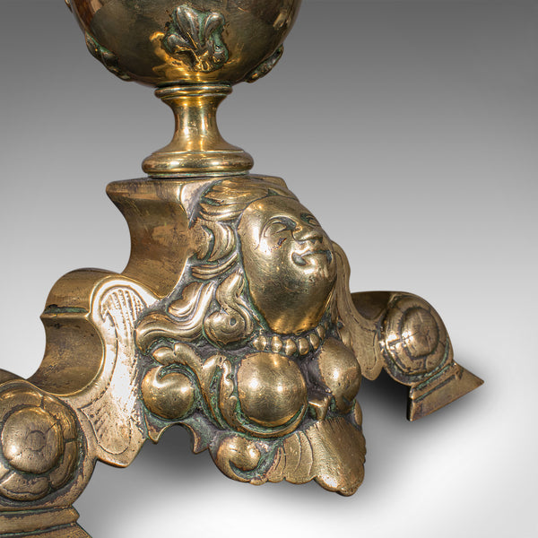 Pair Of Antique Fireside Andirons, French Brass, Chenet, Firedog, Georgian, 1750