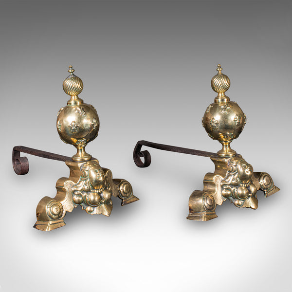 Pair Of Antique Fireside Andirons, French Brass, Chenet, Firedog, Georgian, 1750