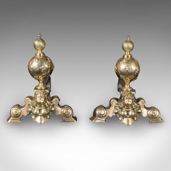 Pair Of Antique Fireside Andirons, French Brass, Chenet, Firedog, Georgian, 1750