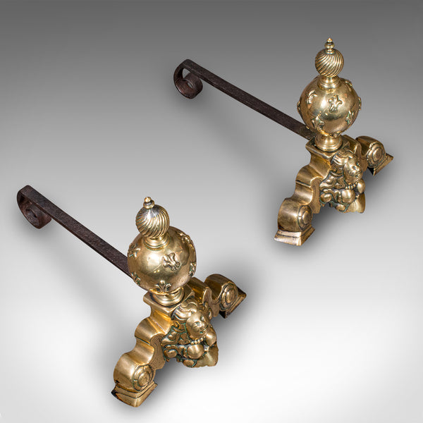 Pair Of Antique Fireside Andirons, French Brass, Chenet, Firedog, Georgian, 1750