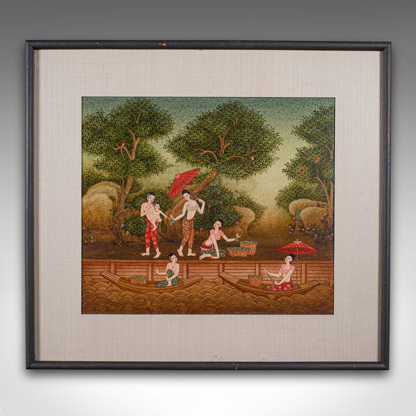 Vintage Far Eastern Painting, Thai, Framed Gouache, Folk Art, Female Figures