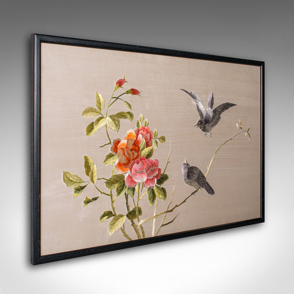 Vintage Framed Bird Scene, Japanese, Silk Cotton Embroidery, Art Deco, C.1940