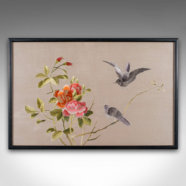 Vintage Framed Bird Scene, Japanese, Silk Cotton Embroidery, Art Deco, C.1940