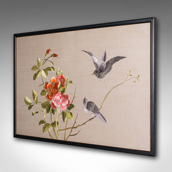 Vintage Framed Bird Scene, Japanese, Silk Cotton Embroidery, Art Deco, C.1940