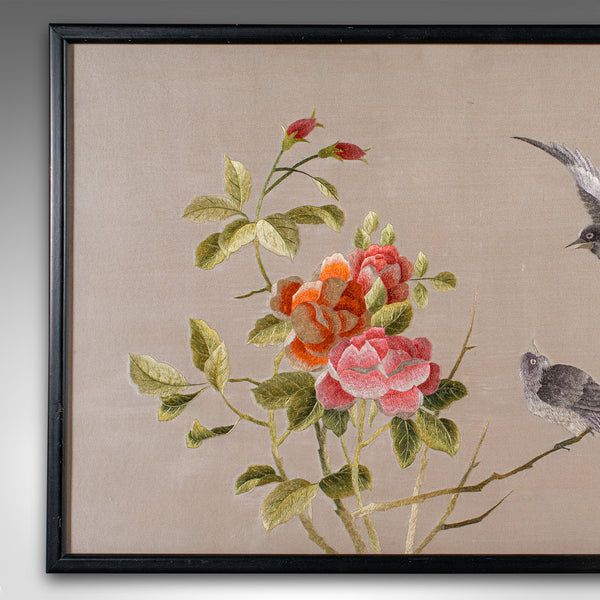 Vintage Framed Bird Scene, Japanese, Silk Cotton Embroidery, Art Deco, C.1940