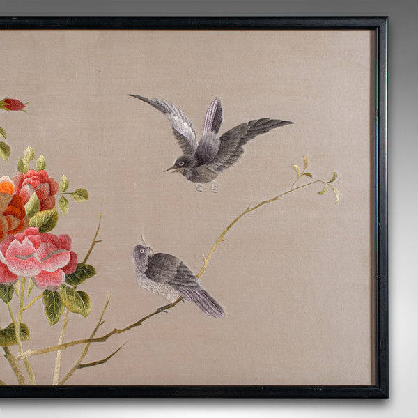 Vintage Framed Bird Scene, Japanese, Silk Cotton Embroidery, Art Deco, C.1940