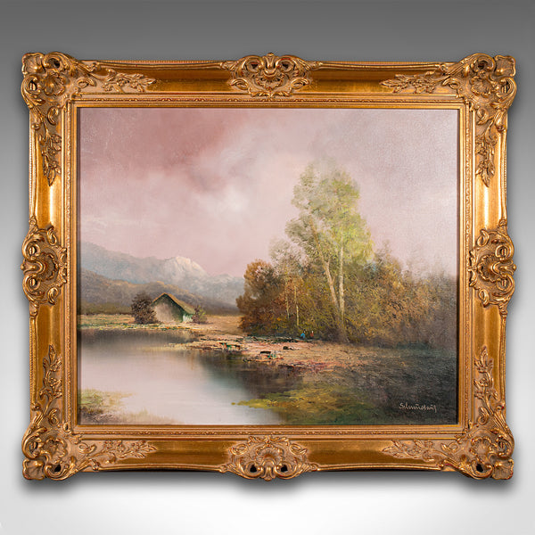 Large Vintage Landscape Painting, Austrian, Framed Art, Oil, Alpine, Schmidbauer