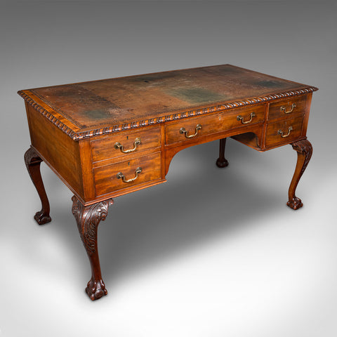 Antique Clerk's Desk, English, Leather, Partner, Home Office, Edwardian, C.1910