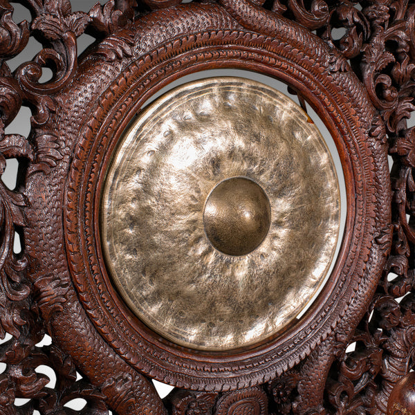 Ornate Antique Temple Gong, Burmese, Carved, Mounted Chime, Victorian, C.1900